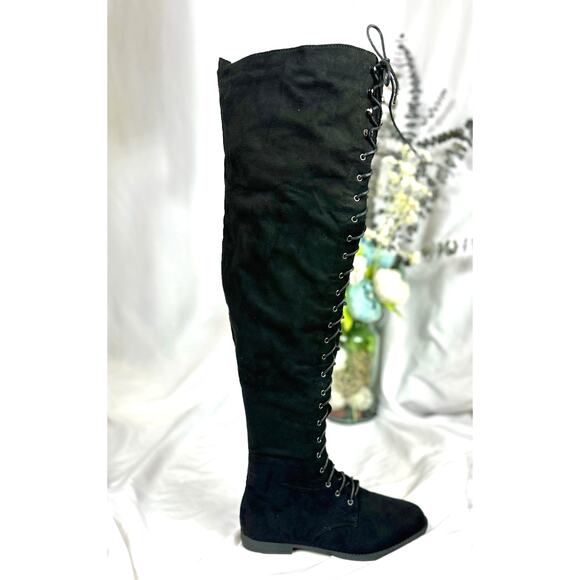 Tall Talk Flat Lace Up Over the Knee Boot - Black 10 - Picture 15 of 16